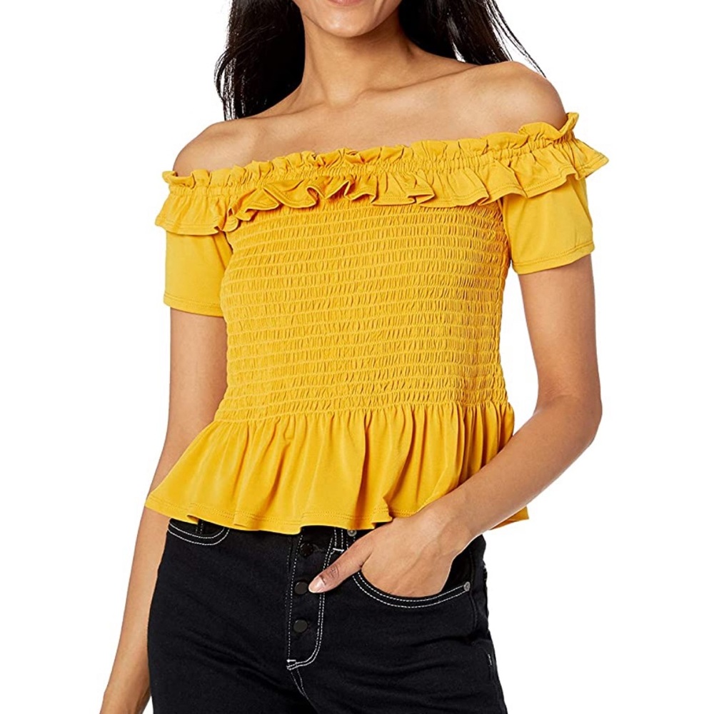 Mustard Smocked Off Shoulder Crop Top